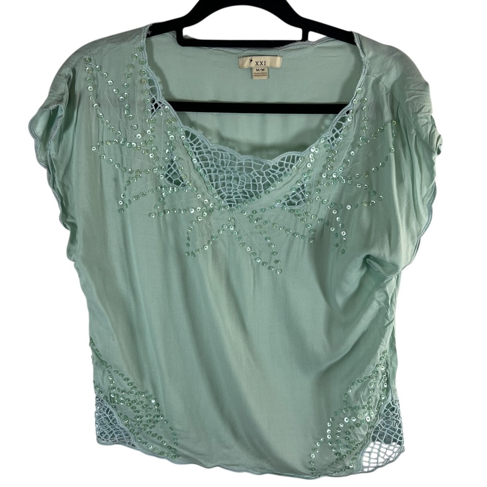 XXI Forever 21 Seafoam Green Sequin Crochet Lace Rayon Blouse Top Womens‎ Medium